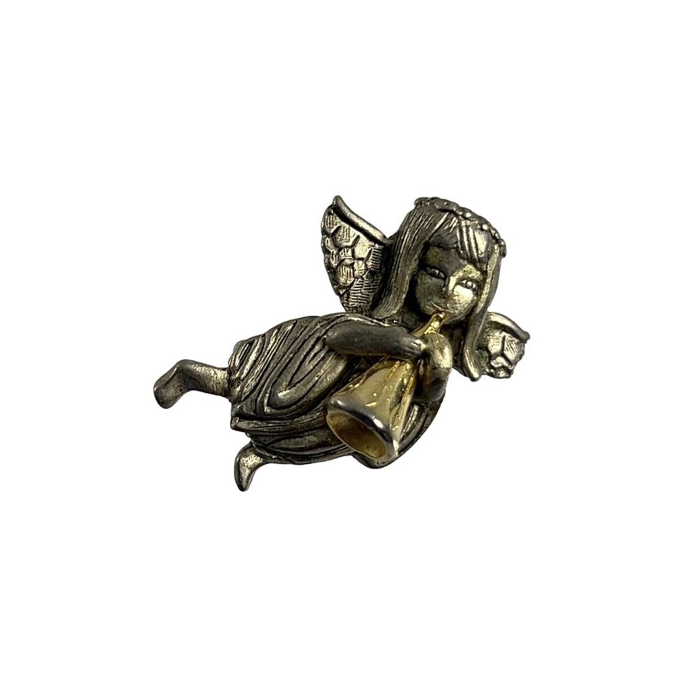 Vintage DM Silver Tone Angel Blowing Horn Brooch Pin 1.25"